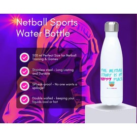 NetballGirlCode Hydro Water Bottle - Netball Gift for Women Girls Netball Players & Coaches (Netball Court is my Happy Place Emoji)
