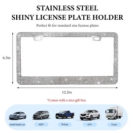 JUSTTOP 2PCS Bling License Plate Frames, Sparkly Diamond Stainless Steel License Plate Holder with Screw Glitter Cap, Handcrafted Crystal Girly Auto Tag Plate Frame with Gift Box (White)