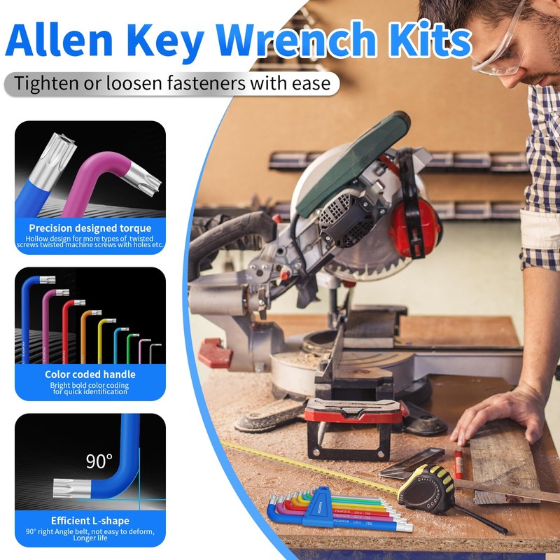 FICHFOYE 9PCS Star Allen Key Set, Color Coded Hex Key,