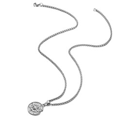 Crafted Compass Coin Necklace with Wheat Chain for Men, Mens Necklace with Compass Pendant Perfect for Travelers and Adventurers (Round lost-Wheat Chain-Silver, 22, Inches)