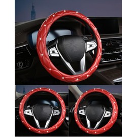Bling PU Leather Steering Wheel Cover,Universal 15 Inch Crystal Rhinestones Elastic Steering Wheel Protector for Women Girls,Car Interior Accessories Red