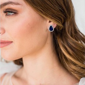 EVER FAITH Cubic Zirconia Wedding Clip On Earrings, Bridesmaids Gorgeous Teardrop Prong Setting Stud Earrings for Women Navy Blue Silver-Tone