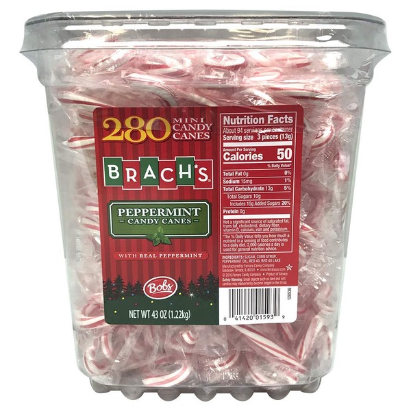 Bob's Red & White Mini Peppermint Candy Canes, 280 Count Tub Individually Wrapped Bulk Holiday Candy