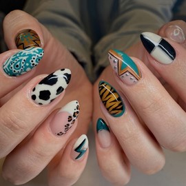 French Tip Almond Press on Nails Medium Vintage Fake Nails False Nails with Polka Dots Cow Pattern Stars Designs Abstract Art Acrylic Nails Glossy Glue on Nails for Women Girls 24Pcs