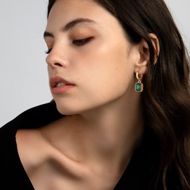 Birthstone Crystal Dangle Drop Earrings, 14K Gold Plated Huggie Hoop Hypoallergenic Earring Jewelry Gifts for Women, (Green)