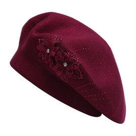 ZLYC Womens French Beret hat, Reversible Solid Color Cashmere Mosaic Warm Beret Cap for Girls(Two Flowers Burgundy)