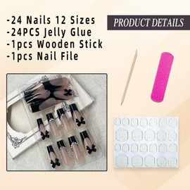 Jremg Black French Tip Press on Nails Medium Long Fake Nails with Rhinestones Design Glossy Glue on Nails 3D Black Bow Charms False Nail Tips Luxury Artificial Acrylic Nails for Women Girls 24Pcs