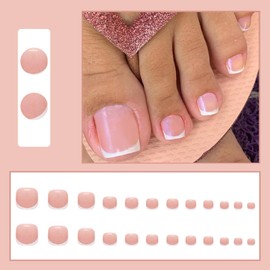 Boloshine 24Pcs False Toe Nails, Solid Color Glossy Fake Toe Nails Press on Nails French Tip, Natural Removable Glue-on False Toenails for Women and Girls Daily Decorations - Pure Desire French Style