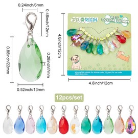 DELORIGIN 12pcs Faceted Teardrop Pet Collar Charms, Glass Pendant Decorations for Pets Colorful Clip-on Charms Jewelry Charms for Cat Dog Rabbit Necklace DIY Keyring Pendants Bag Decor