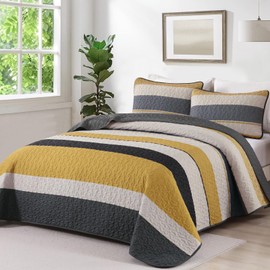 Dinjoy King Size Quilt Set Yellow, 3 Pieces Boho Patchwork Striped Quilted Bedding Sets Soft Lightweight Bedspreads & Coverlets Set, for All Seasons 110"x90"