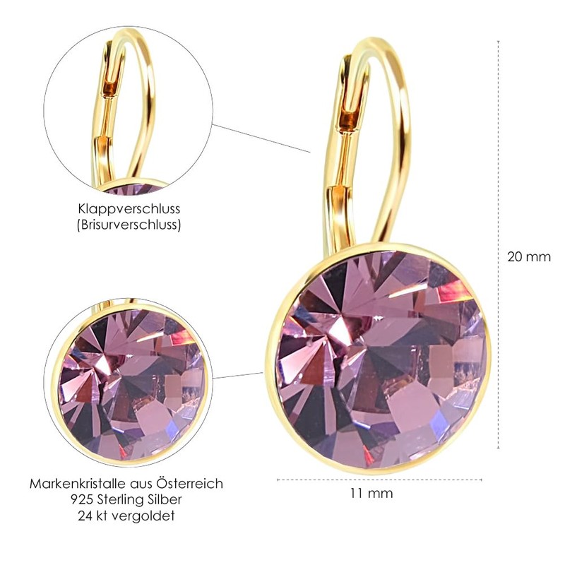 Nobel Schmuck Short Earrings with Crystals, 925 Silver, Gold, Silver,
