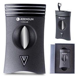 KEENSUN 3-in-1 Zinc Alloy V-Cut Cigar Cutter (Gray) with Cigar Holder on The Back and Cigar Punch at The Bottom, 60 Ring Gauge, 420J2 Stainless Steel Cut Blade in Gift Box