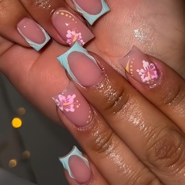 Short Square Fake Nails Blue French Press on Nails Flower False Nails Pink Flower Acrylic Nails Artificial False Nails Full Cover Glossy for Girls Manicure Art Decoration Accessories 24 Pcs