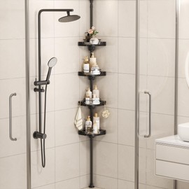 YCIA&DONE Corner Shower Caddy Tension Pole, Rotating Shower Organizer for Bathroom Shelf Bathtub, Adjustable Standing Shower Rack Bathroom Accessories, Easily Assemble, 34-124 Inch Height