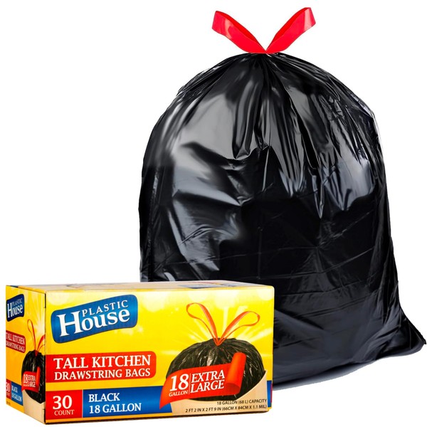 Strong Large 18 Gallon Drawstring Trash Bags Black Can Liners Kitchen Garbage Bags Multipurpose 30 CT Home Lawn Bags