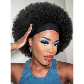 Quick Wig Afro Headband Wig Natural Black Short Afro Kinky Curly Wigs with Headbands Attached Glueless Synthetic Wear and Go for Black Women Fluffy Bouncy Afro Wigs for Daily Party