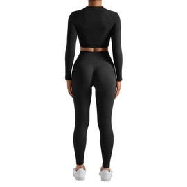 RXRXCOCO Seamless Workout Sets for Women 2 Piece Hidden Scrunch Butt Lifting Leggings Raglan Sleeves Crop Tops Matching Black Medium
