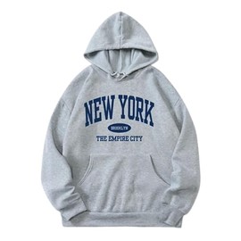 Remidoo Women's Graphic Hoodies New York Long Sleeve Pullover Oversized Sweatshirt With Pocket Grey X-Large