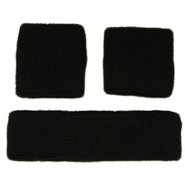 Itzu SWEATBANDS SWEAT BAND SET Terry Cloth Gym - 1 x Headband - 2 x Wristbands in Black