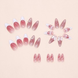 CECOBAG French Style Nail Patches Pink Almond Shaped Nails With 3D Bow Decoration Full Coverage Glue Nails Acrylic Artificial Nails Reusable 24 Pcs