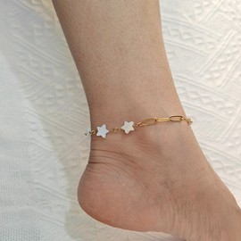Ankle Bracelets for Women Waterproof 14K Real Gold Plated Paperclip Link Chain Anklet Dainty Heart Star Charm Waterproof Anklet Beach Jewelry(star)