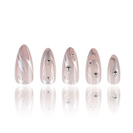 Press on Nails Medium Almond SWEKKE Fake Nails Nude Full Cover Silver Grey Flame False Nails with Designs Y2k Acrylic Nails Glossy Glue on Nails Manicure Artificial Nails for Women Girls 24Pcs
