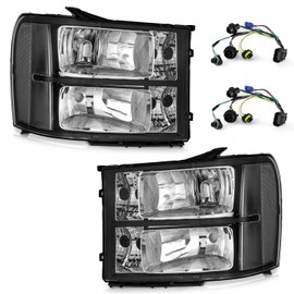 WEELMOTO for 2007-2013 Sierra Headlights for 07-13 GMC Sierra 1500/07-14 Sierra 2500 HD 3500 HD Headlamp Black Housing Clear Reflector wiring harness included