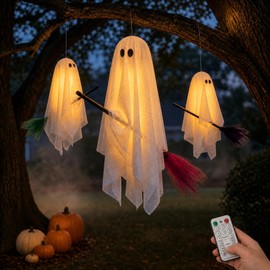 Halloween Decorations Outdoor, 3 Pack Hanging Light Up Ghosts on Brooms