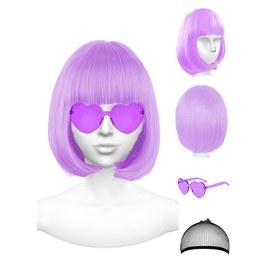 NSODREEM Light Purple Wig and Party Sunglasses, Purple Wigs with Bangs for Women, Short Bob Wig - Bachelorette Party Wigs Decorations Favors(Violet)
