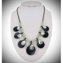Black Silver Tone Morphed Color Block Fringe Pendant Cord Necklace 19-22" Statement Chunky Pendant Rhinestone Necklace for Women