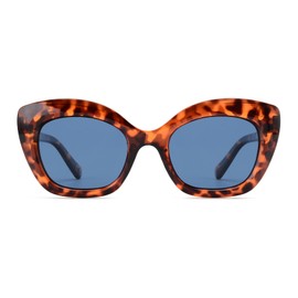 OUWEN Trendy Cat Eye Polarized Sunglasses Ladies Crystal Tortoise Shell Frame Blue Tinted Lens UV Protection OW2235D