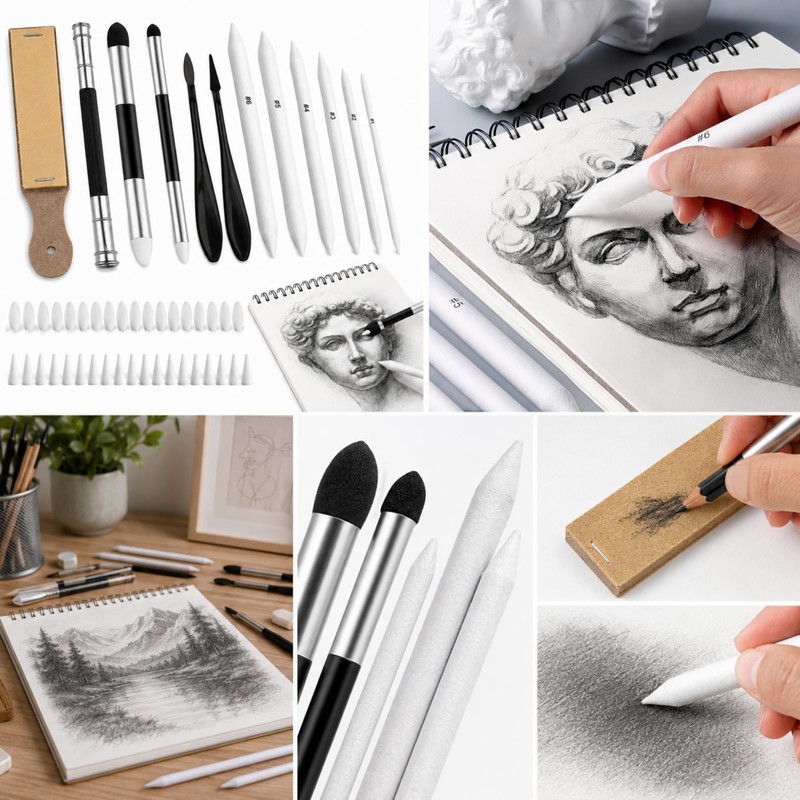 52PCS Blending Stumps Set, Sketch Drawing Smudge Tools with Sandpaper