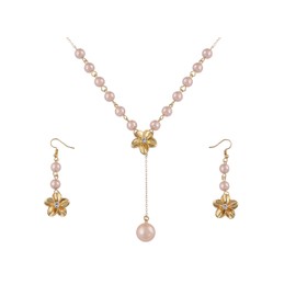 Alilang Golden Tone Clear Crystal Rhinestone Faux Pearls Flower Pendant Necklace Dangle Earrings Set