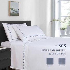 PANDATEX Luxurious 100% Cotton White Embroidered Sheets - 80s Ultra Soft Yarn, High End Hotel Quality Sateen Bedding for King Size Bed with 16'' Deep Pocket, Blue Daisy Design
