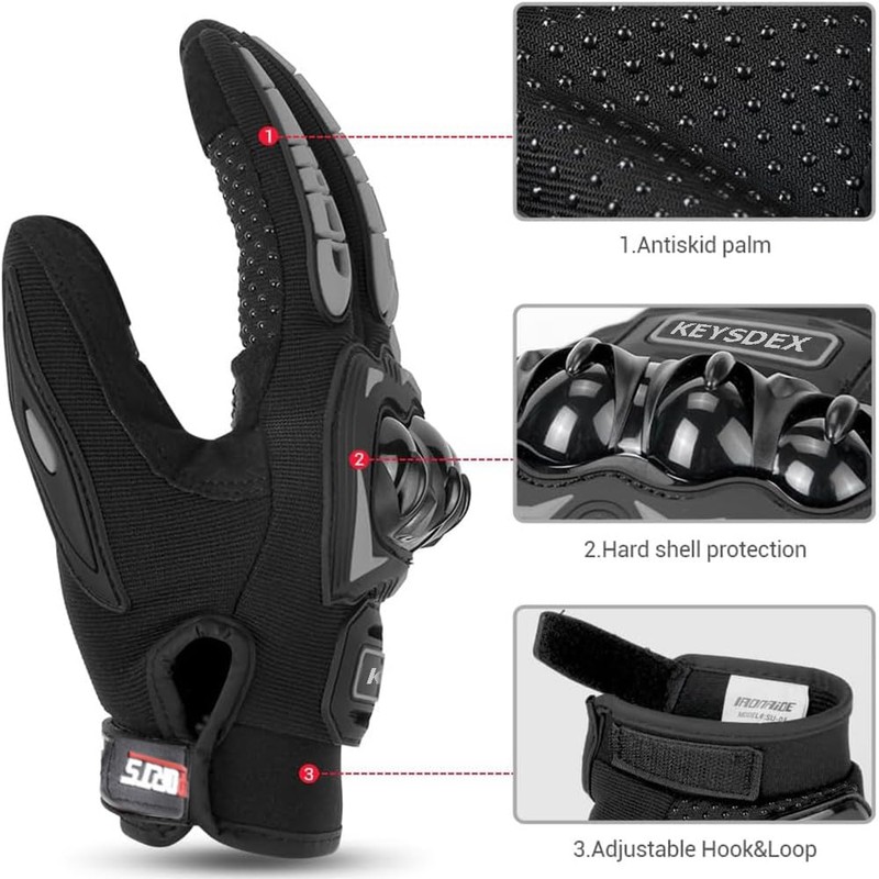 KEYSDEX Full-Finger Motorcycle Gloves, Men & Women, Black, Large