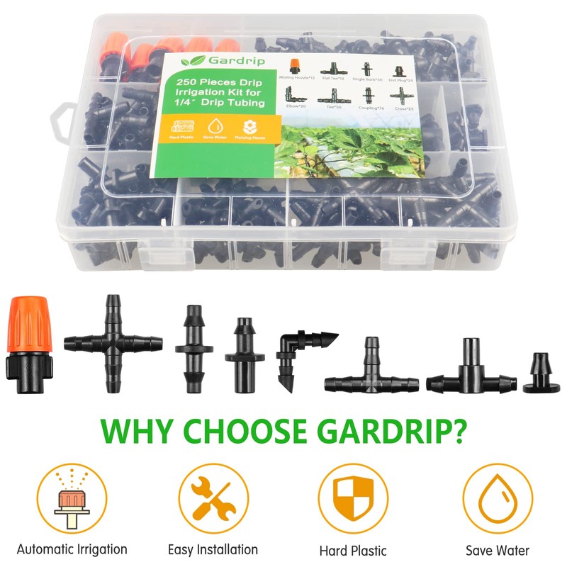 250 Pcs Drip Irrigation Fittings Kit for 1/4" Tubing：Gardrip 1/4