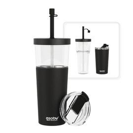 asobu ClearInsulation Flexi Straw Tumbler Marina a Tritan 28 oz Tumbler with 17 Oz Stainless Steel Insulated Sleeve for Ice Coffee or Hot Tea (Black)