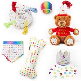 Dog Happy Birthday 6-Piece Set, Perfect Dogs Happy Bday Celebration Present, includes Toys, Crown Party Hat and Bandana (Small)