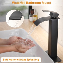 Vessel Sink Faucet Matte Black, Single Handle Tall Bathroom Faucet, Single Hole Lavatory Vanity Mixer Bar Tap, Waterfall Modern Bathroom Faucet with Supply Lines