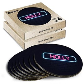 8 x Round Coasters - Neon Sign Design Holly Name Cork Backed MDF Glossy Tea Coffee Accessory #353035
