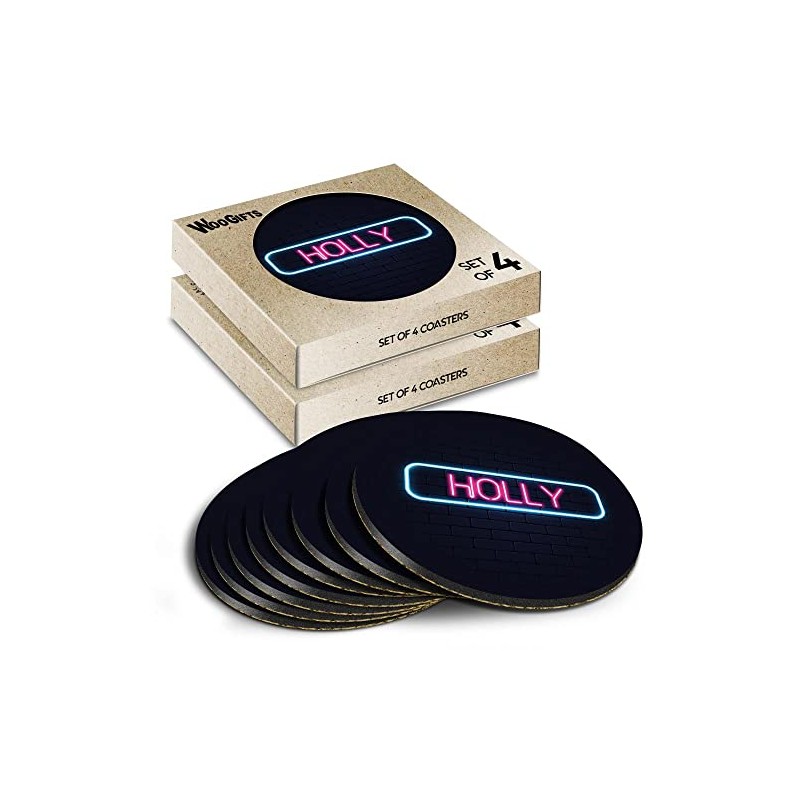 8 x Round Coasters - Neon Sign Design Holly Name
