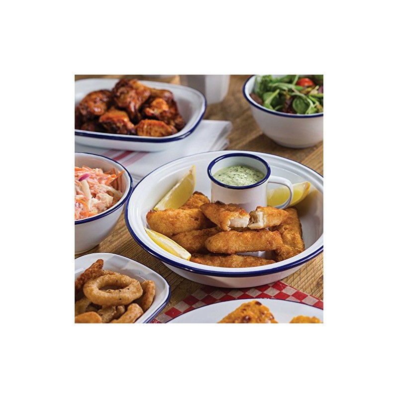 2 x 24cm Round White Enamel Blue Rim Pie Dishes