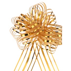 MECCANIXITY 5pcs 4 Inch Organza Large Pull Bow Metallic Gift Wrapping Bows Ribbon Chiffon Yarn Champagne Gold for Wedding Basket Present Christmas Valentine's Day