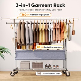 HOKEEPER Clothing Rack Heavy Duty Clothes Rack for Hanging Clothes Load 625LBS Extendable Double Rod Clothes Rack, Adjustable Rolling Garment Rack with Wheels, Basket & Shelves 71.2''W*23.6''D*68.5''H