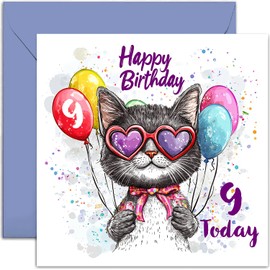9th Birthday Card for Girl - Cool Cat With Balloons Card for 9 Year Old Girl - Cute and Sweet Kitten Age 9 Birthday Cards - Granddaughter Niece Daughter