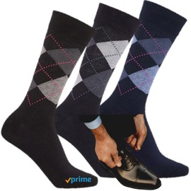 Kensington® Mens Cotton Socks 3 Pairs Size 6-11 UK Multipack Black Colourful Argyle Diamond Design Socks Breathable Eco-Friendly Thin Sock for Work