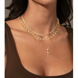 DIFOMI Gold Layered Cross Necklaces for Women, Dainty 14K Gold Plated Cross Necklace Trendy Box Chain with CZ Diamond Cross Pendant Chunky Paperclip Pig Nose Chain Necklaces for Women Jewelry Gift