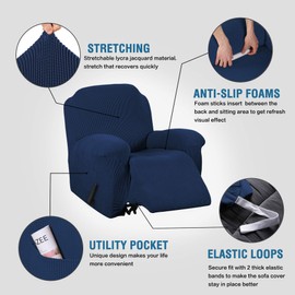 Stretch Recliner Slipcovers 1-Piece Durable Soft High Stretch Jacquard Sofa Furniture Cover Form Fit Stretch Stylish Recliner Cover/Protector (Recliner, Navy)