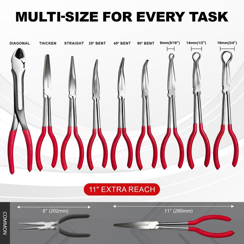 Alwalkee 9-Piece Long Reach Pliers Set, 11-Inch Carbon Steel Needle