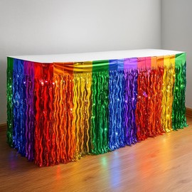 KatchOn, Rainbow Table Skirt - Pack of 2, Rainbow Fringe Curtain for Table | Multicolor Fringe Curtain for Hawaiian, Summer, Luau, Carnival, Birthday Party Decorations | Back to School Decorations